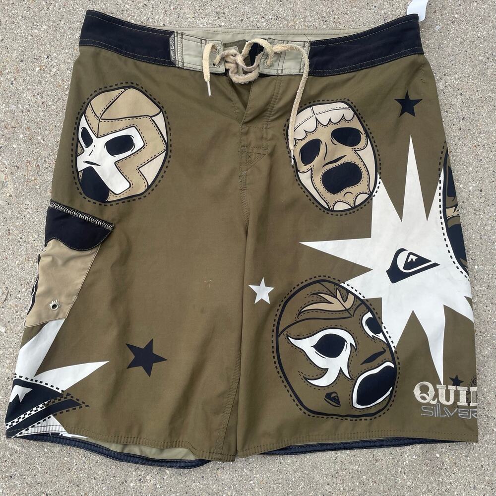 Vintage Y2K Quiksilver Board Shorts Lucha Libre Sugar Skull Olive Green 36 L